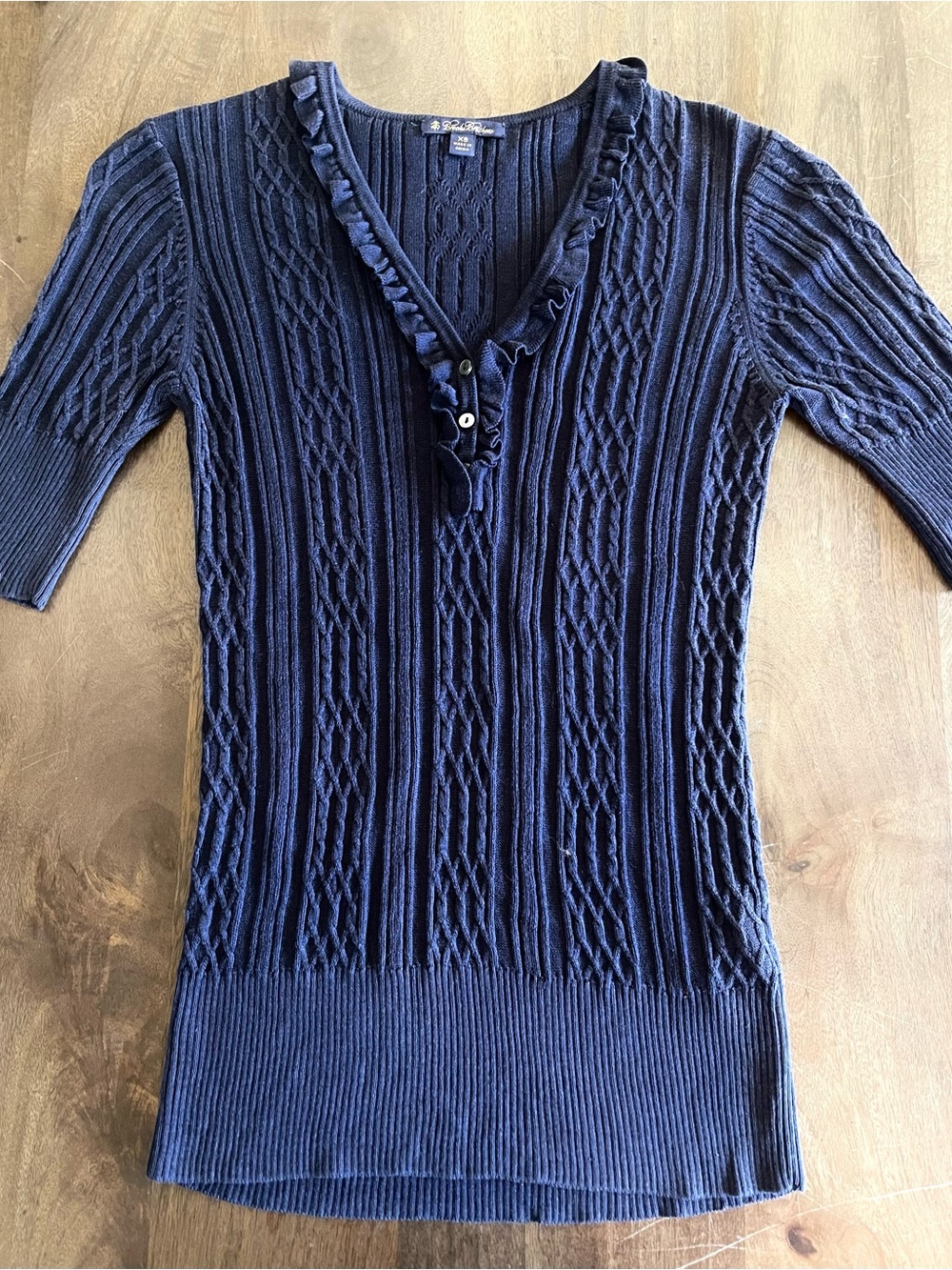 Brooks Brothers Navy Ruffle V‑Neck Knit Top